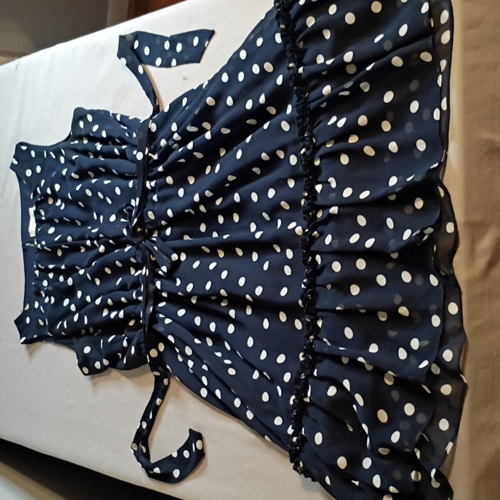 dressbarn Flapper Style Waist Navy Polka Dot Midi Dress - Picture 3 of 12
